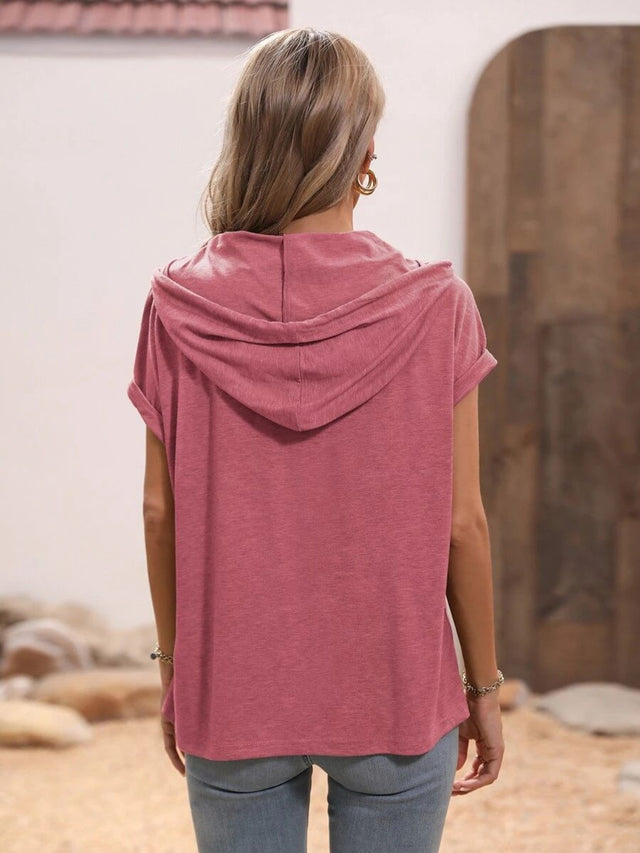 Half button hooded short sleeve blouse.