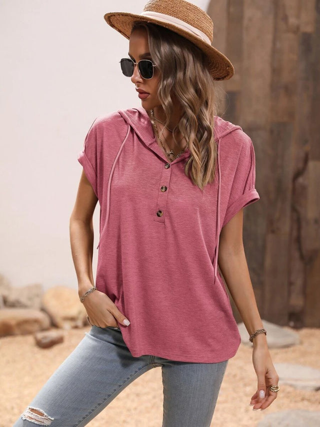 Half button hooded short sleeve blouse.