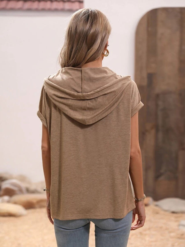 Half button hooded short sleeve blouse.