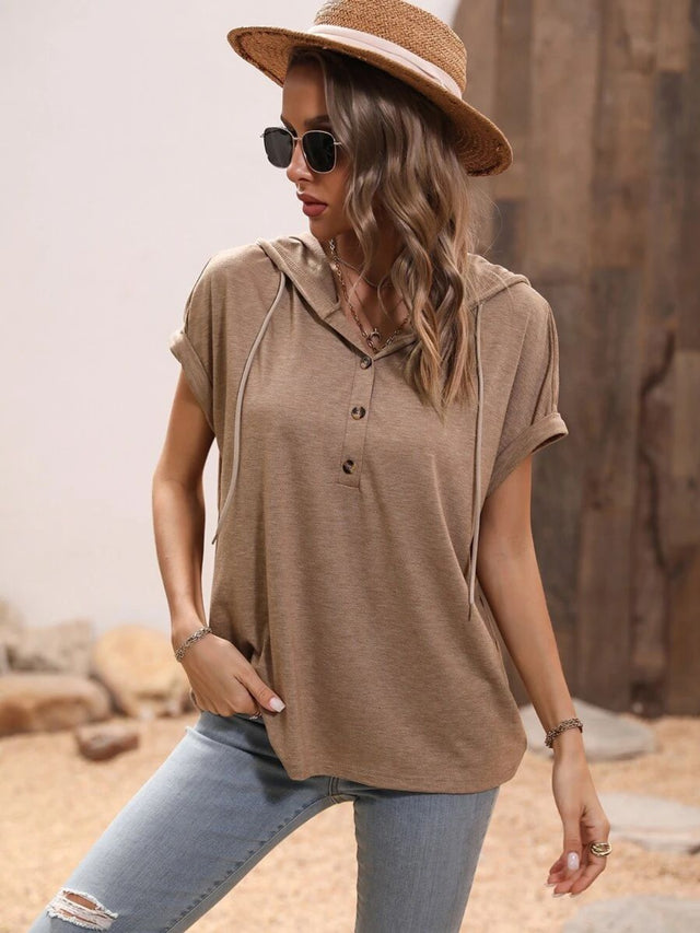 Half button hooded short sleeve blouse.