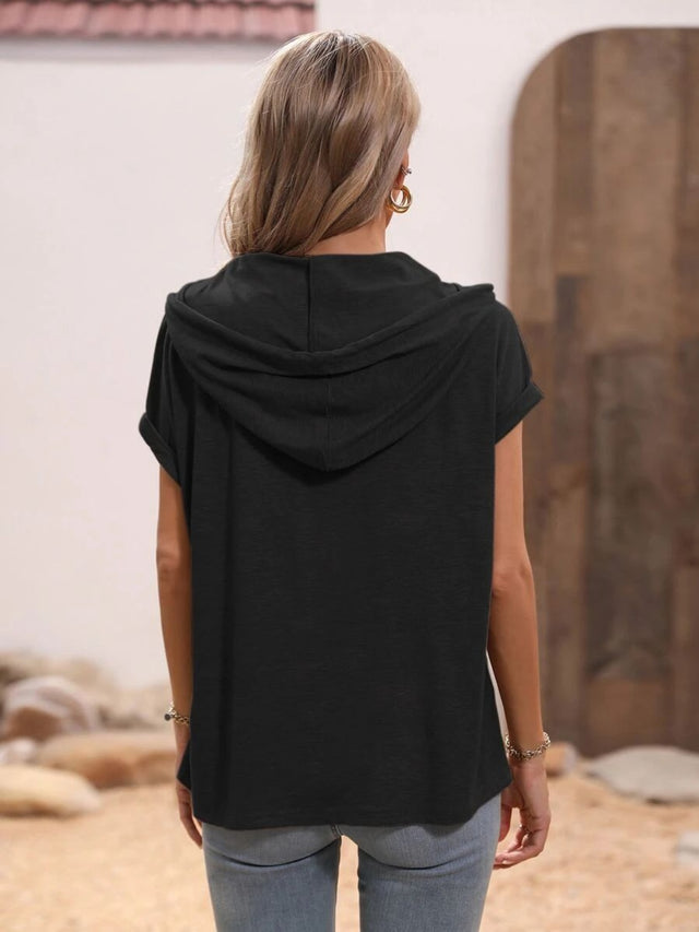 Half button hooded short sleeve blouse.