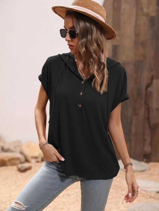 Half button hooded short sleeve blouse.
