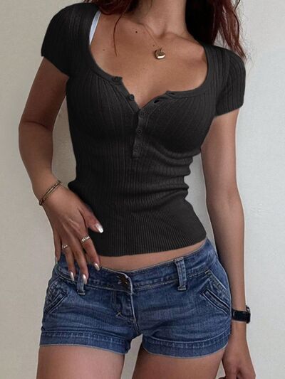Half button scoop neck short sleeve knit top.