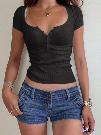 Half button scoop neck short sleeve knit top.
