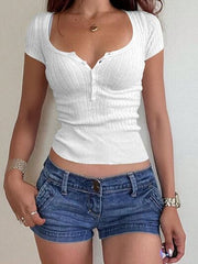 Half button scoop neck short sleeve knit top.