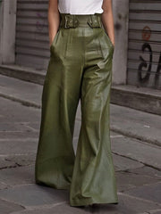 Half elastic waist wide leg pants, opaque.