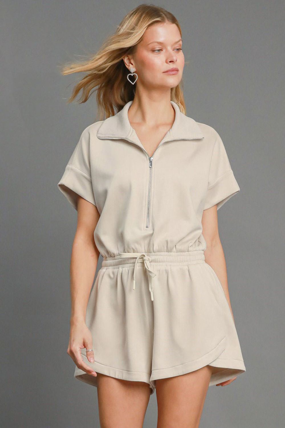 Embroidered Ruched Short Sleeve Jumpsuit with Buttons.