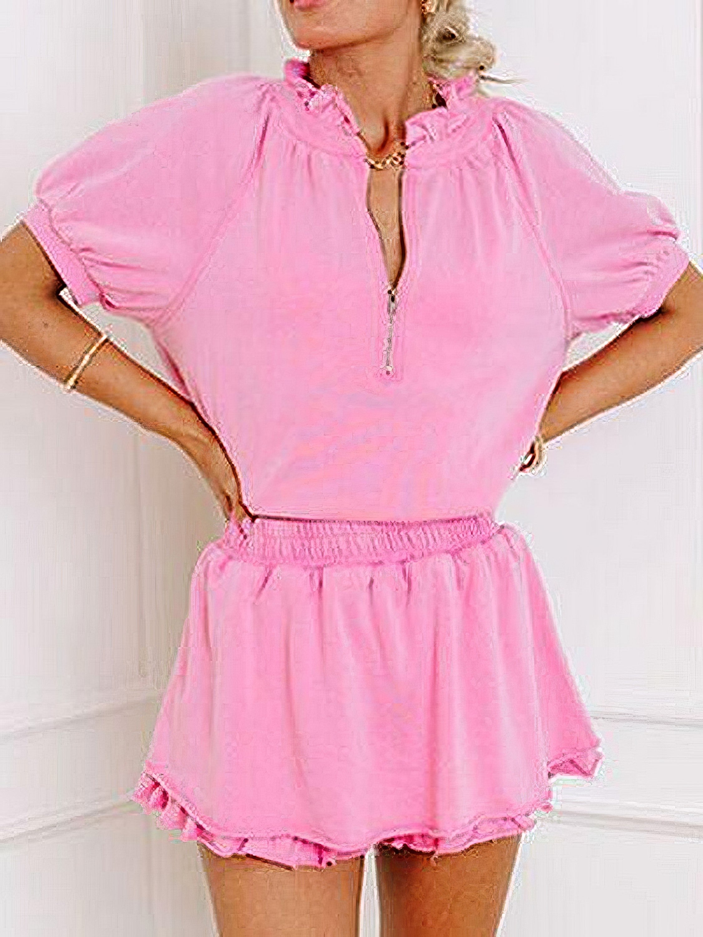 Women's half-zip puff sleeve top and ruffled shorts set with frill detail
