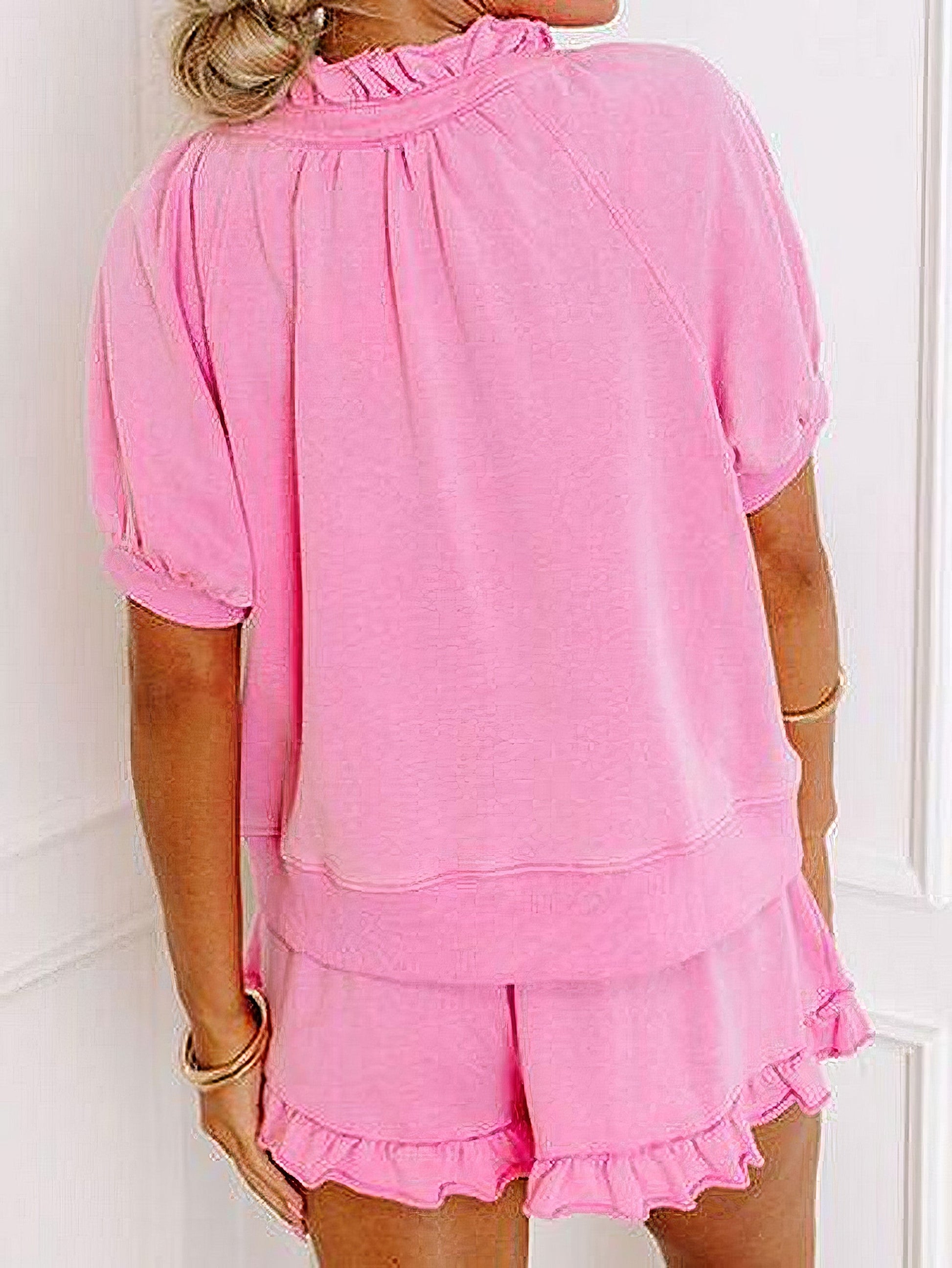 Women's half-zip puff sleeve top and ruffled shorts set with frill detail