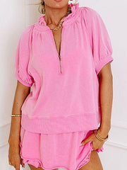 Women's half-zip puff sleeve top and ruffled shorts set with frill detail