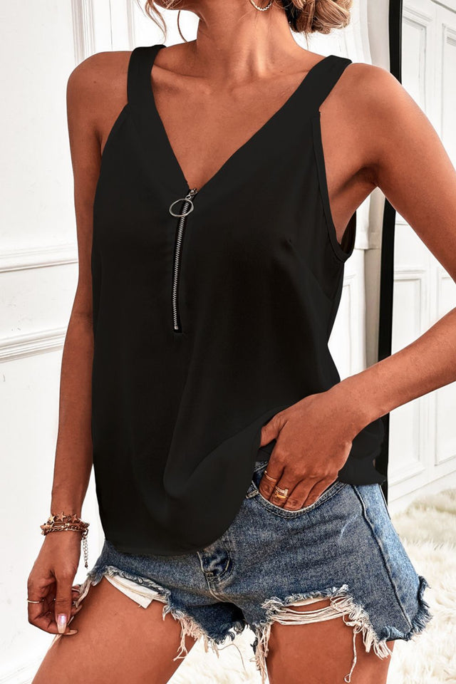 Half-zip scoop neck tank top.