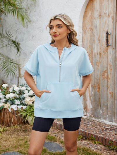 Half Zip Short Sleeve Hooded Top