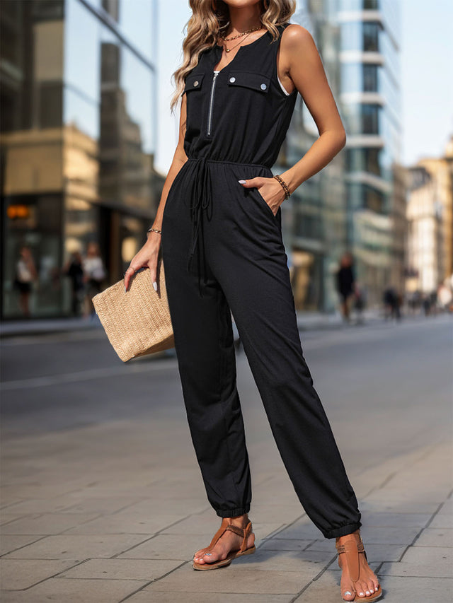 Half Zip Sleeveless Jumpsuit with Pockets and Tie.