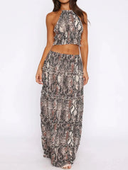 Halter Crop Backless Top and Maxi Skirt Set.
