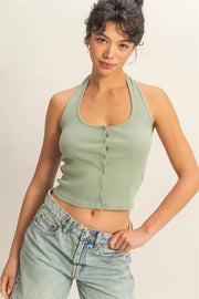 Halter neck buttoned washed top with ribbed texture, moderately stretchy.