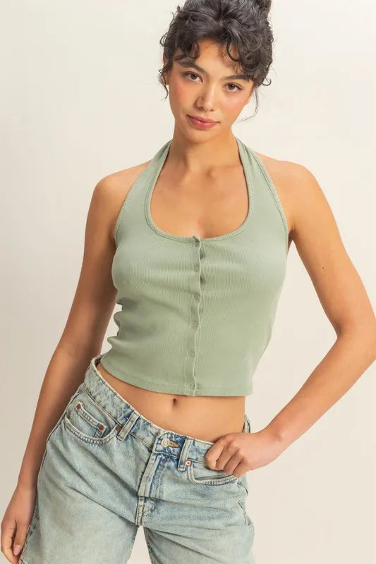 Halter neck buttoned washed top with ribbed texture, moderately stretchy.