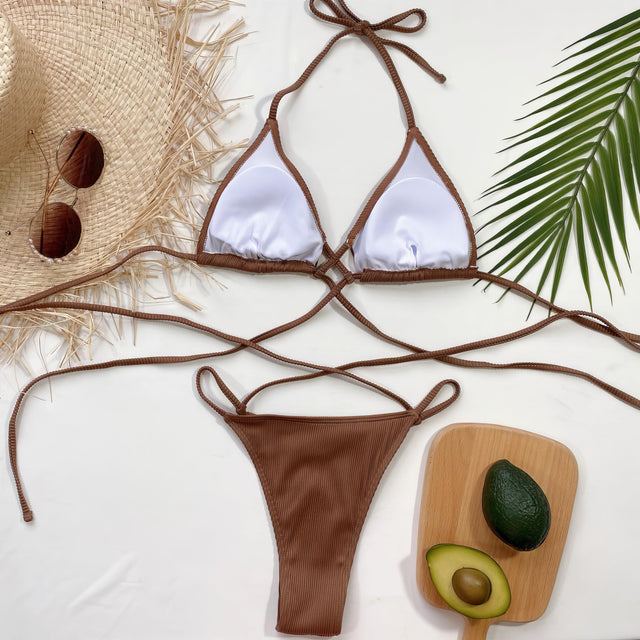 Ribbed halter neck crisscross bikini set with high-cut bottoms.