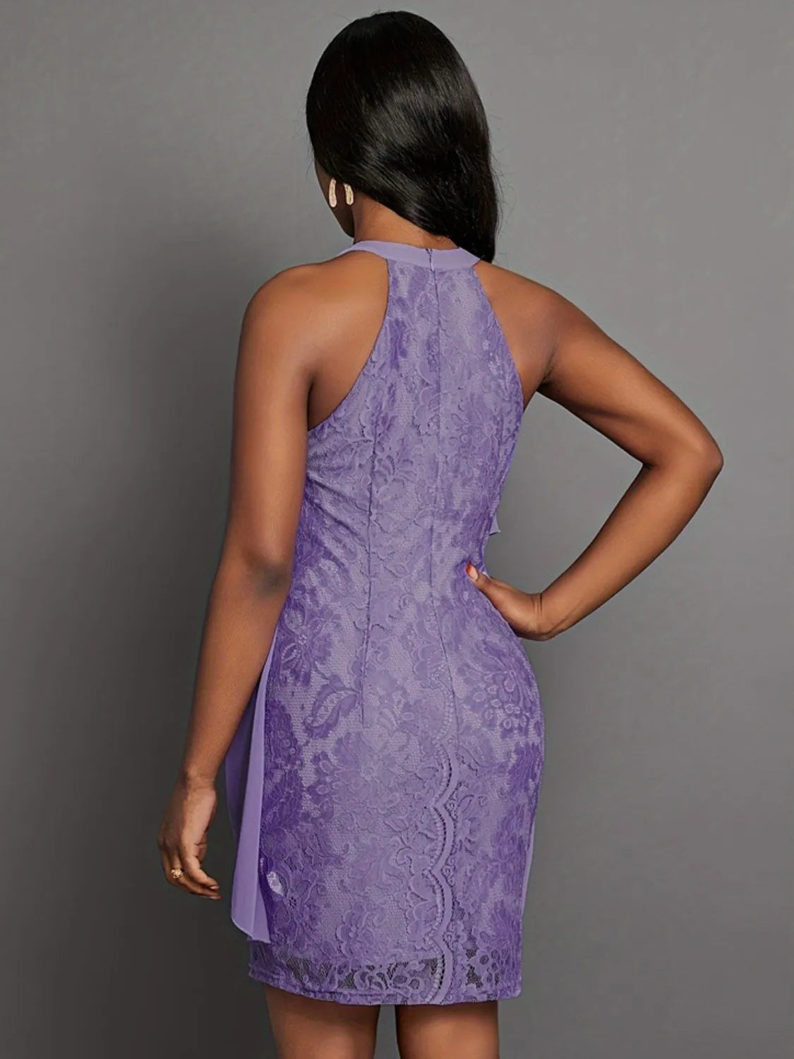 Halter Neck Layered Lace Mini Dress.