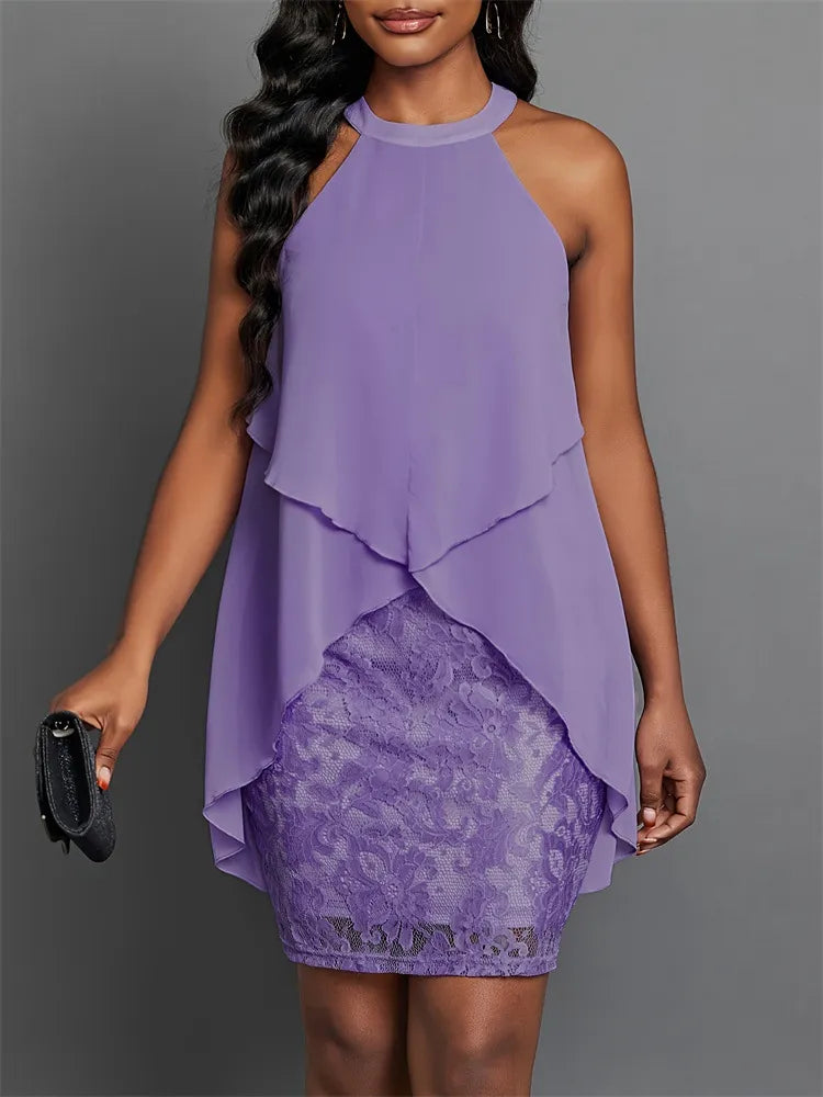 Halter Neck Layered Lace Mini Dress.