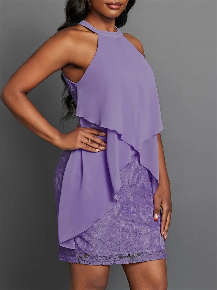 Halter Neck Layered Lace Mini Dress.