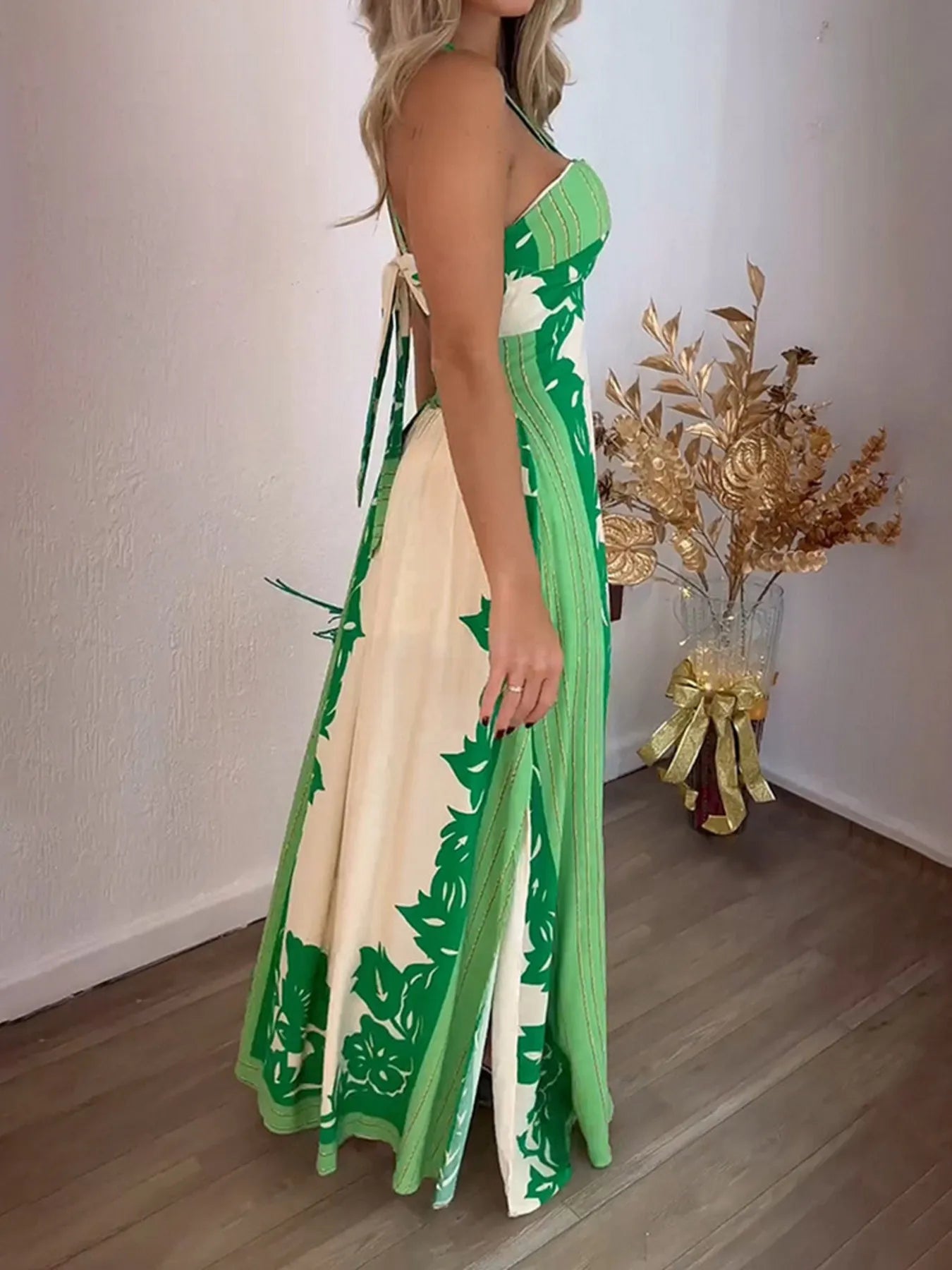 Halter Neck Leaf Print Maxi Dress.