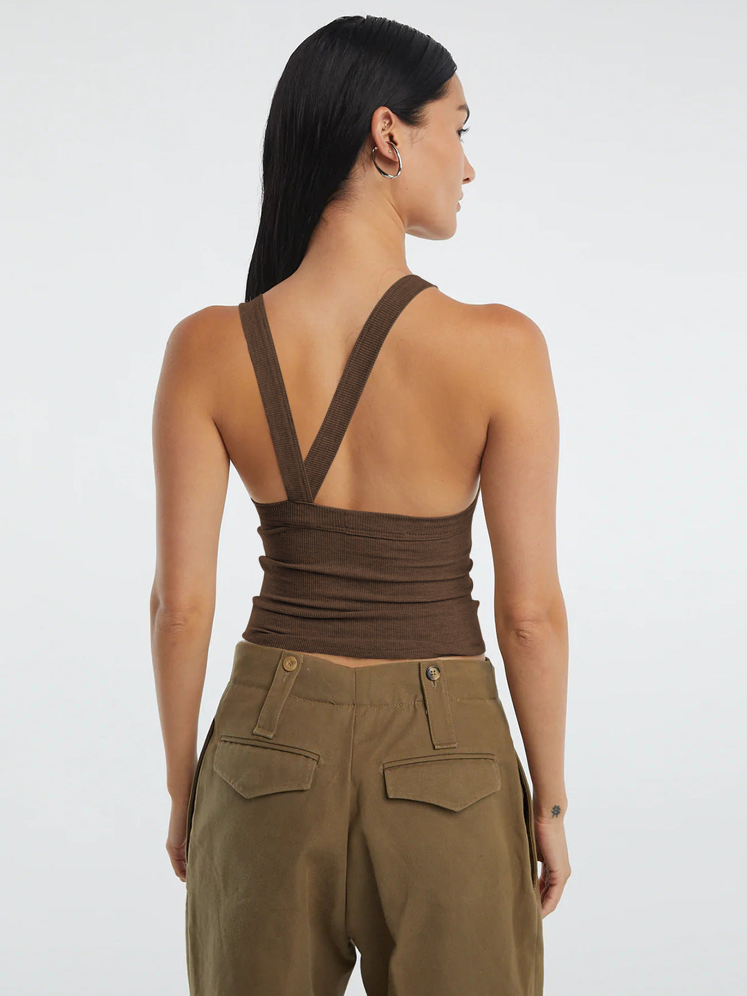 Halter neck ribbed cropped top with backless design.