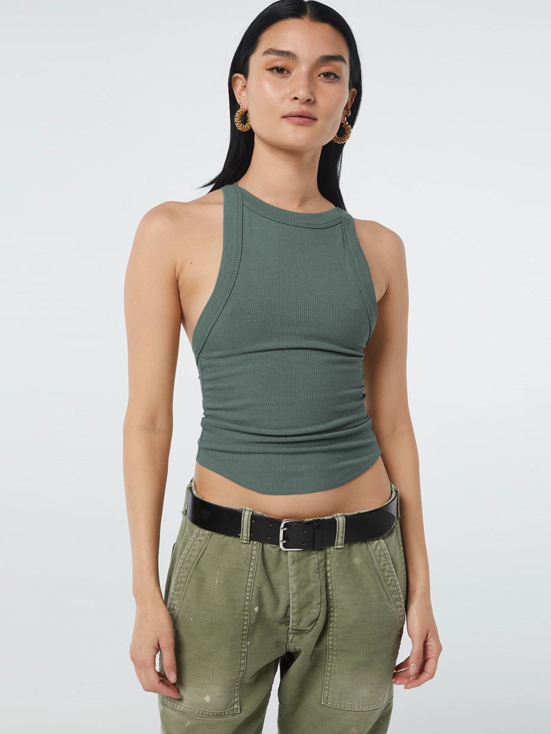 Halter neck ribbed cropped top with backless design.