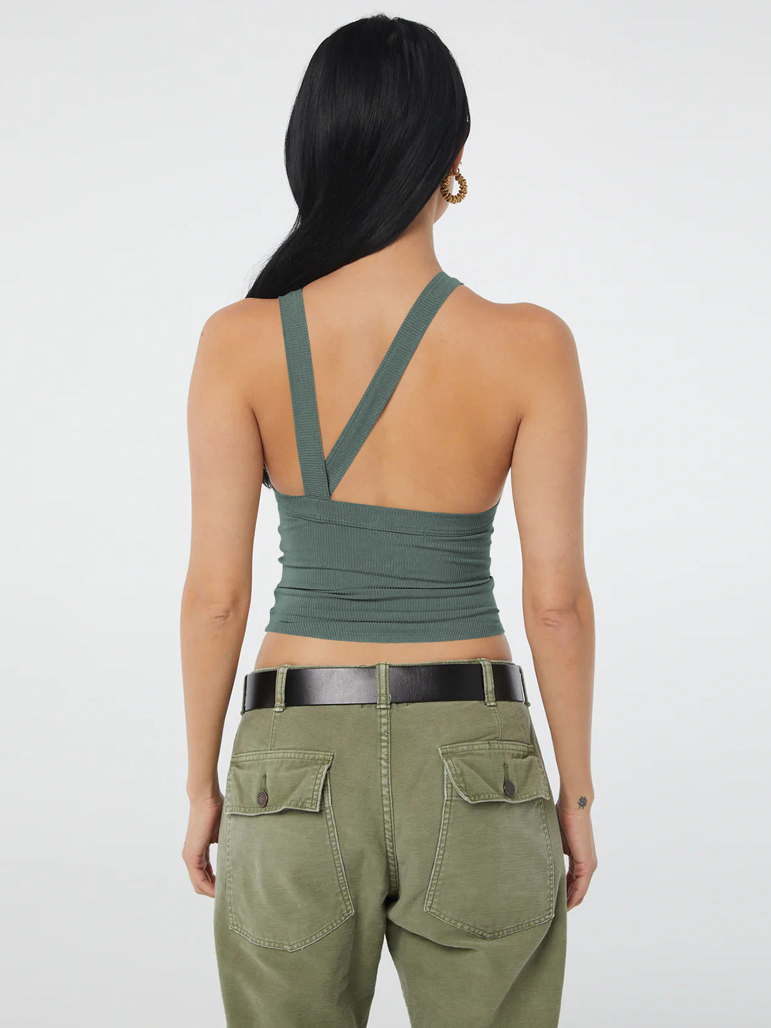 Halter neck ribbed cropped top with backless design.