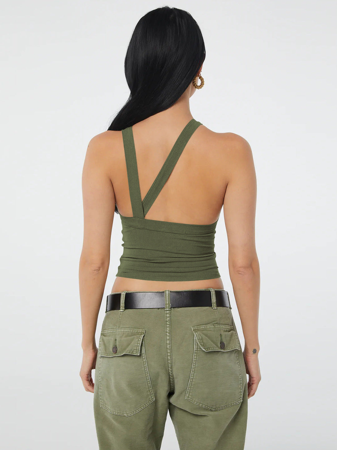 Halter neck ribbed cropped top with backless design.