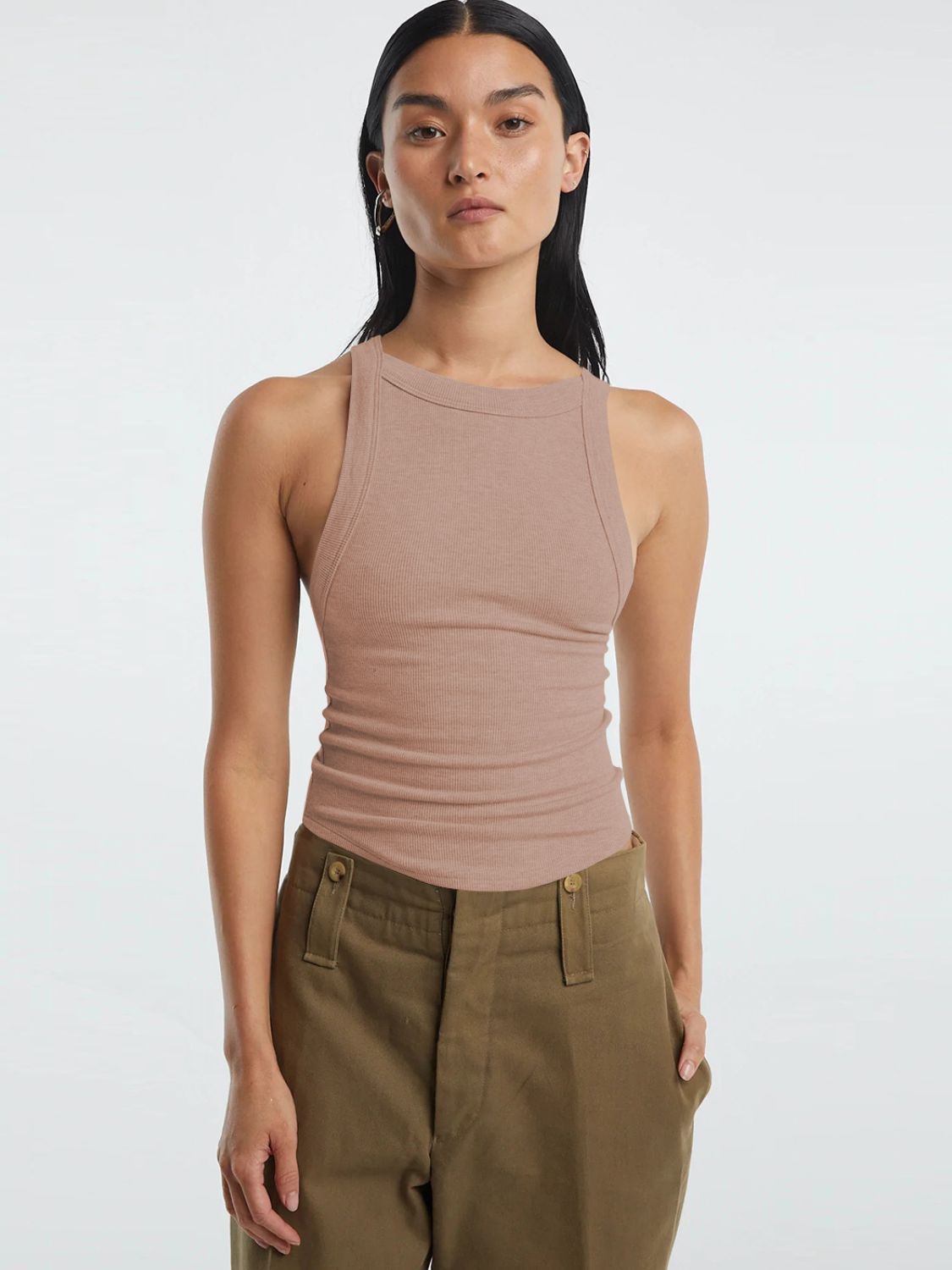 Halter neck ribbed cropped top with backless design.
