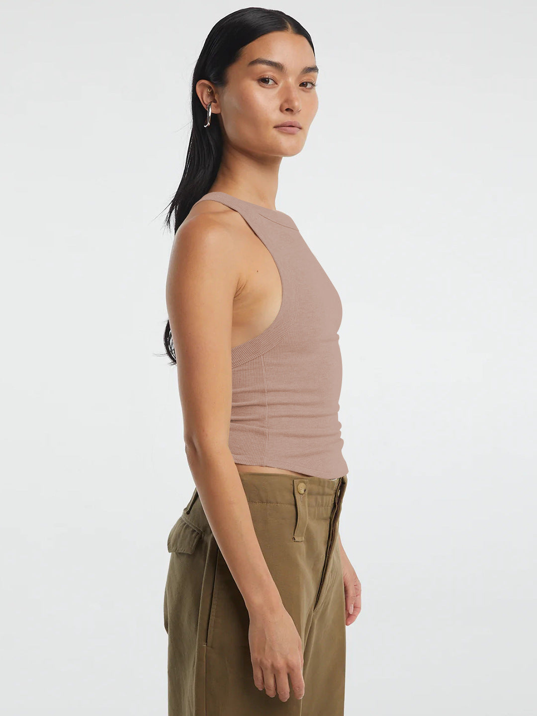 Halter neck ribbed cropped top with backless design.