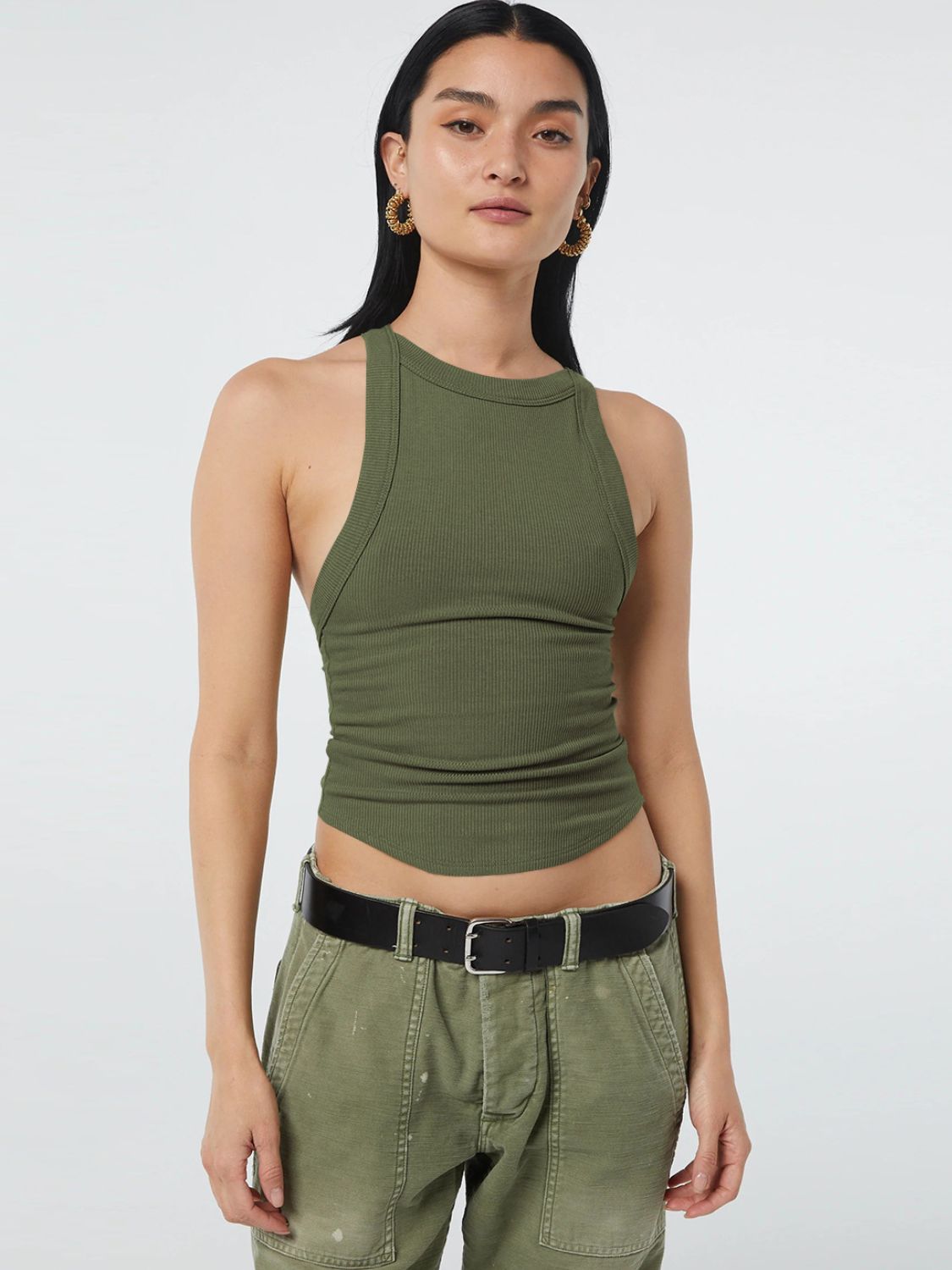 Halter neck ribbed cropped top with backless design.