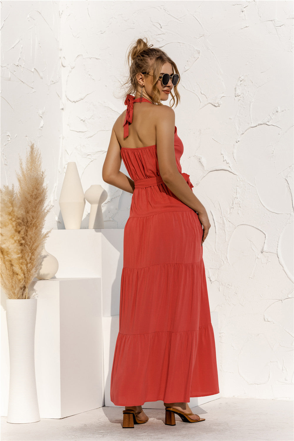 Halter Neck Tie Waist Tiered Maxi Dress.