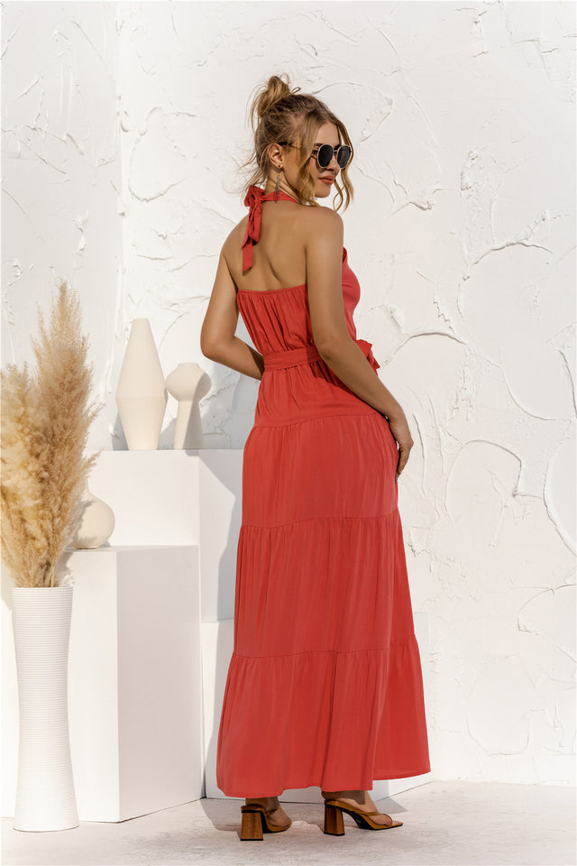 Halter Neck Tie Waist Tiered Maxi Dress.