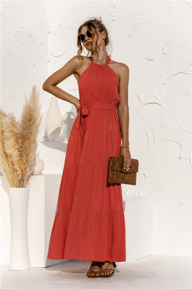 Halter Neck Tie Waist Tiered Maxi Dress.
