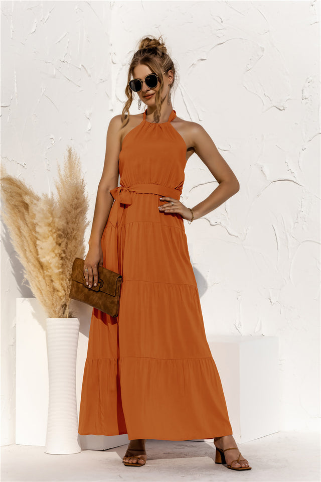 Halter Neck Tie Waist Tiered Maxi Dress.