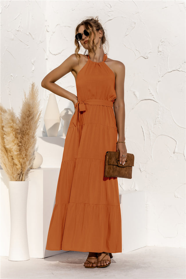 Halter Neck Tie Waist Tiered Maxi Dress.