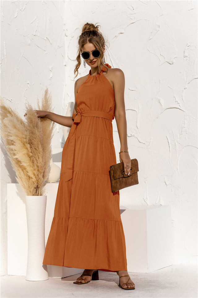 Halter Neck Tie Waist Tiered Maxi Dress.