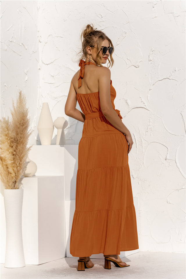 Halter Neck Tie Waist Tiered Maxi Dress.
