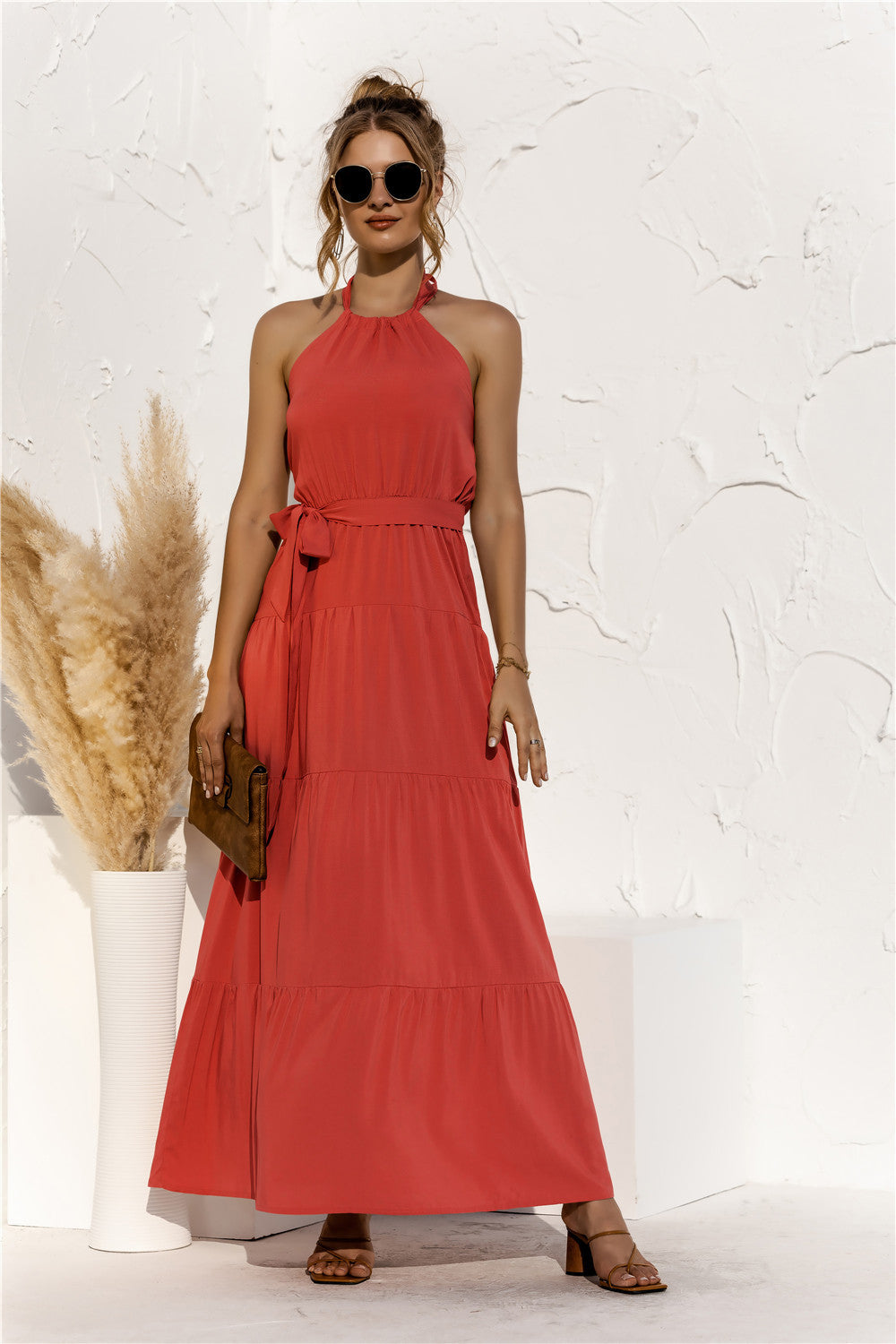 Halter Neck Tie Waist Tiered Maxi Dress.