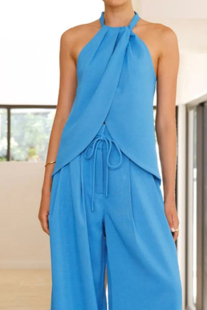 Halter Neck Top and Wide Leg Pants Set.