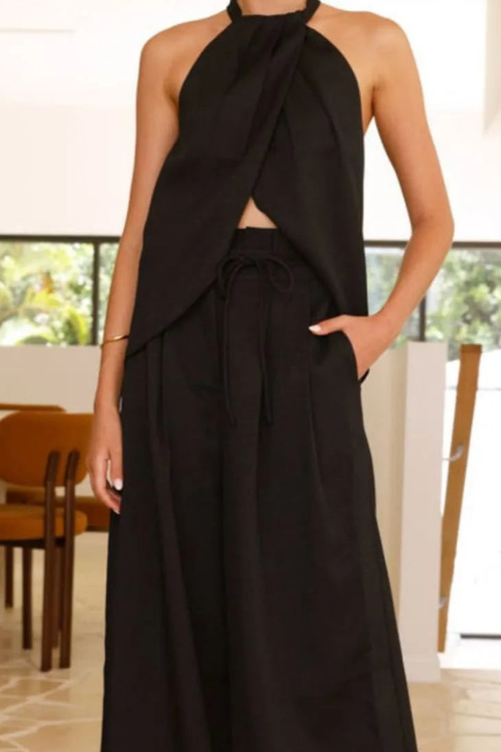 Halter Neck Top and Wide Leg Pants Set.