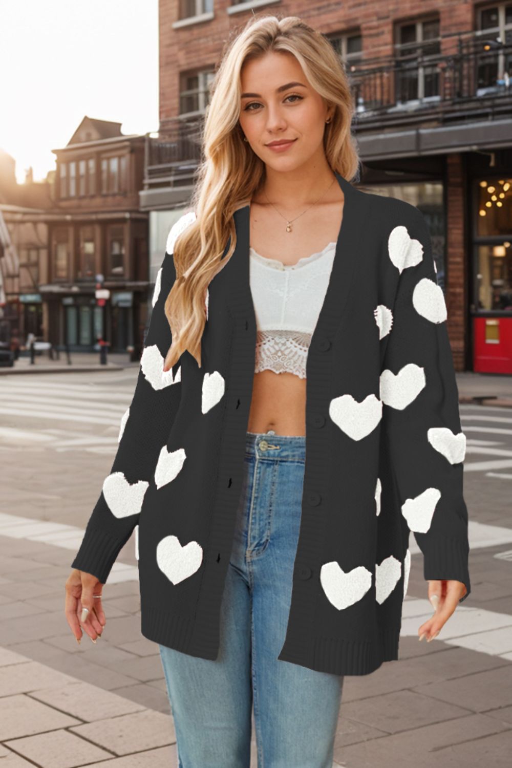 Heart button down long sleeve cardigan.