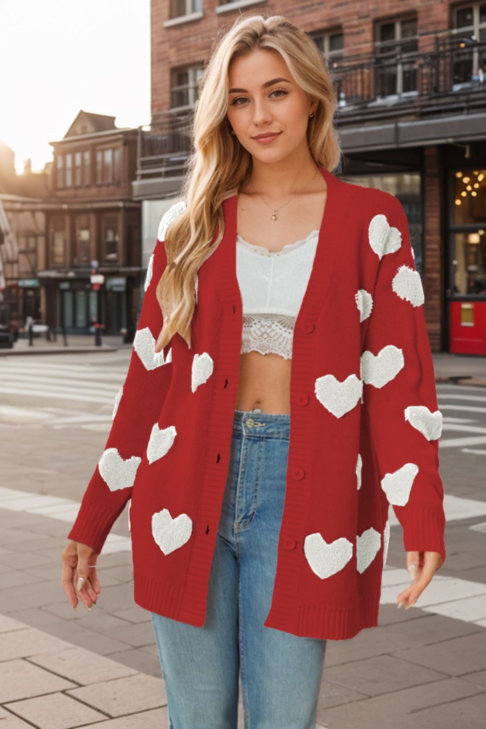 Heart button down long sleeve cardigan.