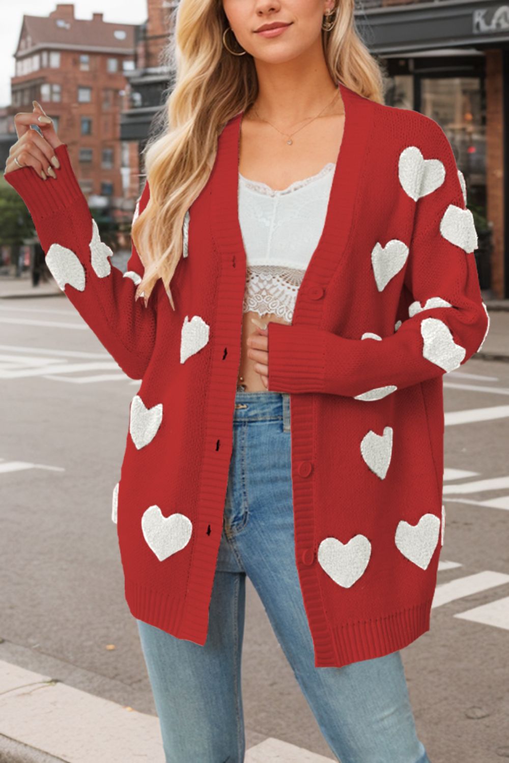 Heart button down long sleeve cardigan.