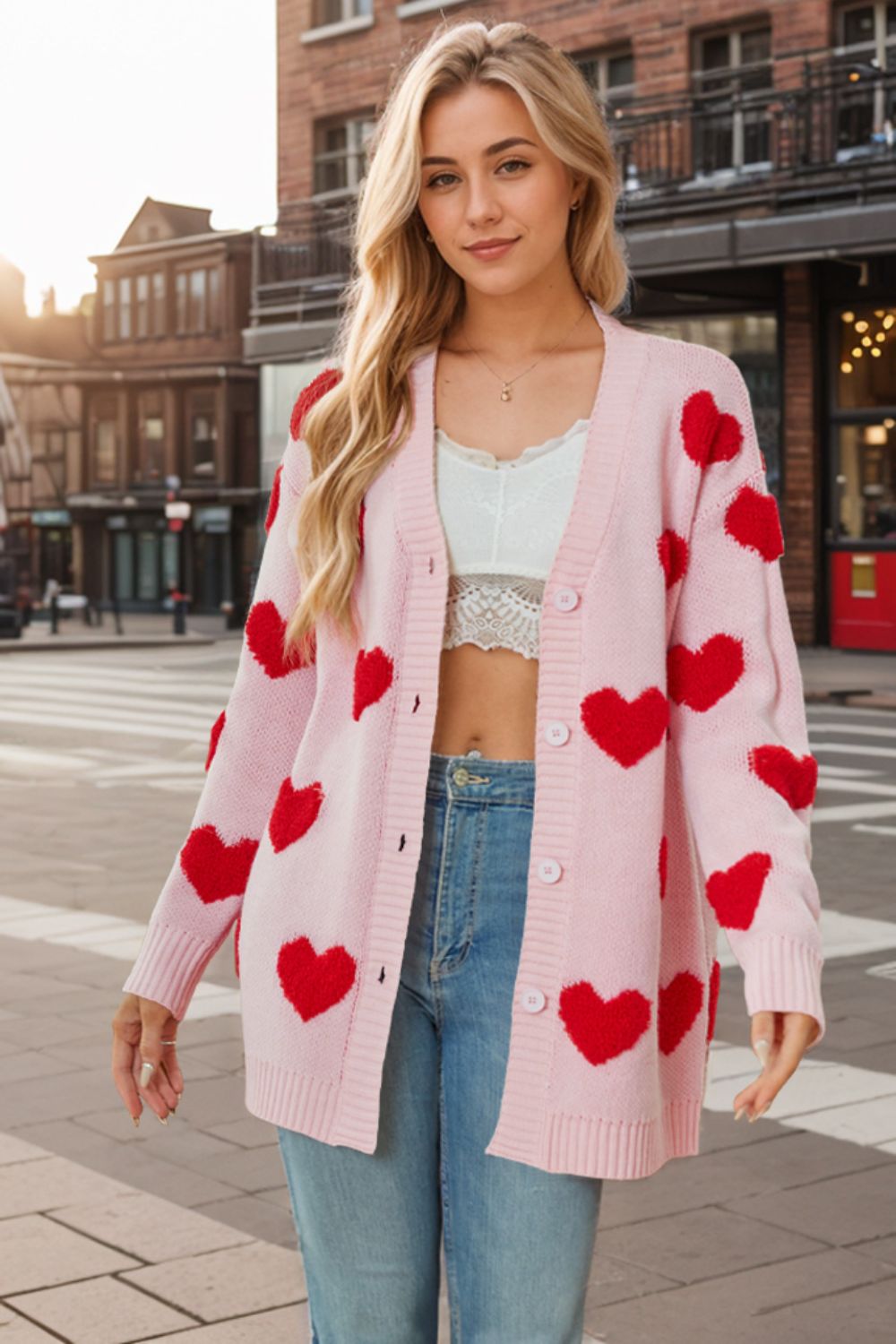 Heart button down long sleeve cardigan.