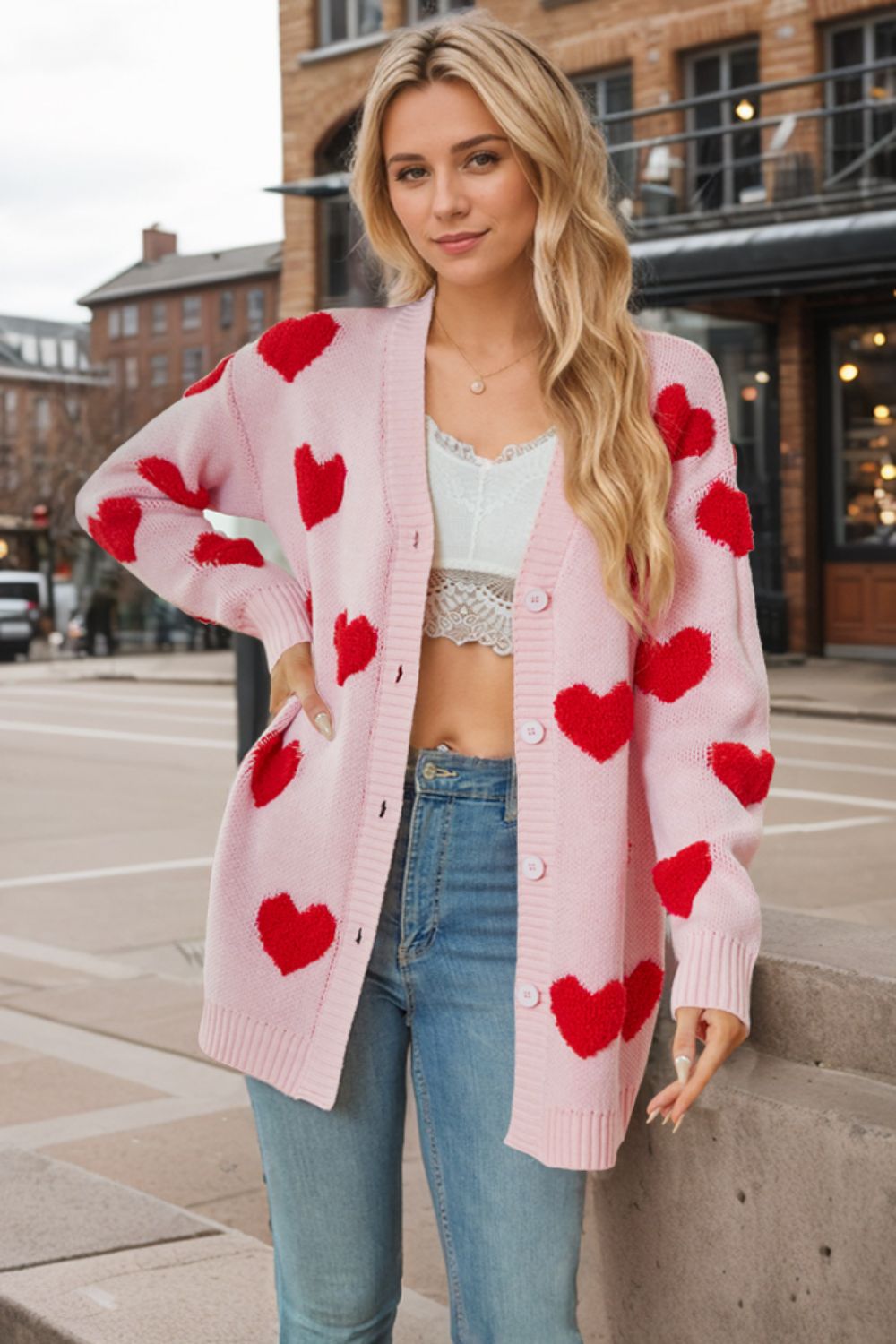 Heart button down long sleeve cardigan.