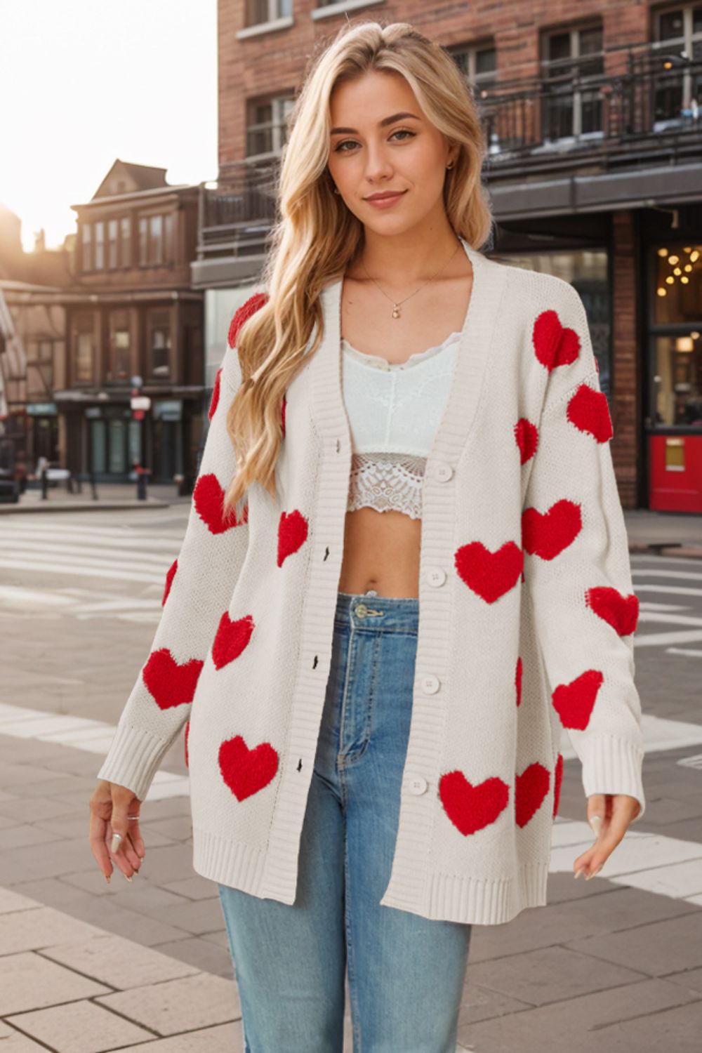 Heart button down long sleeve cardigan.