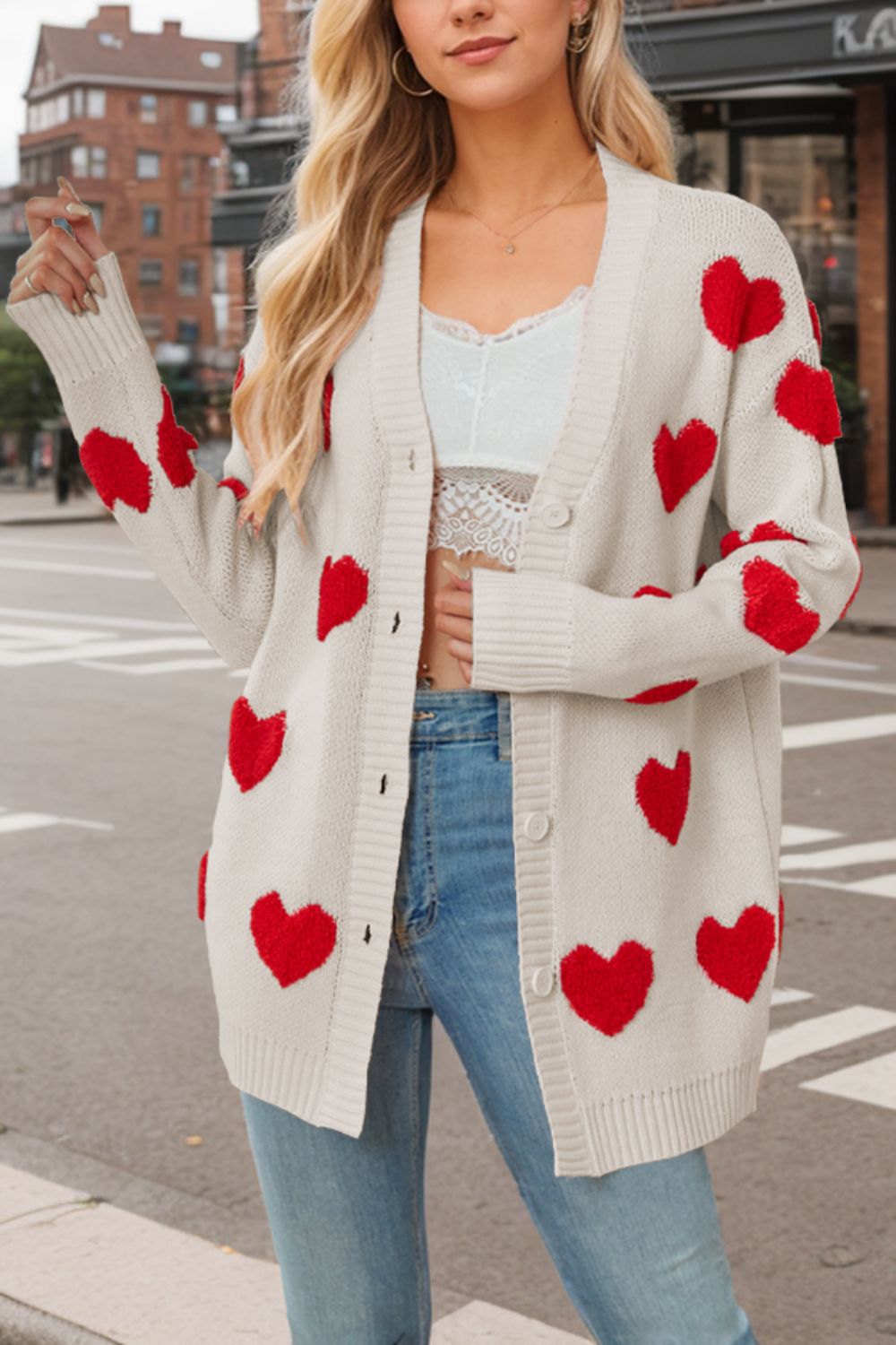 Heart button down long sleeve cardigan.