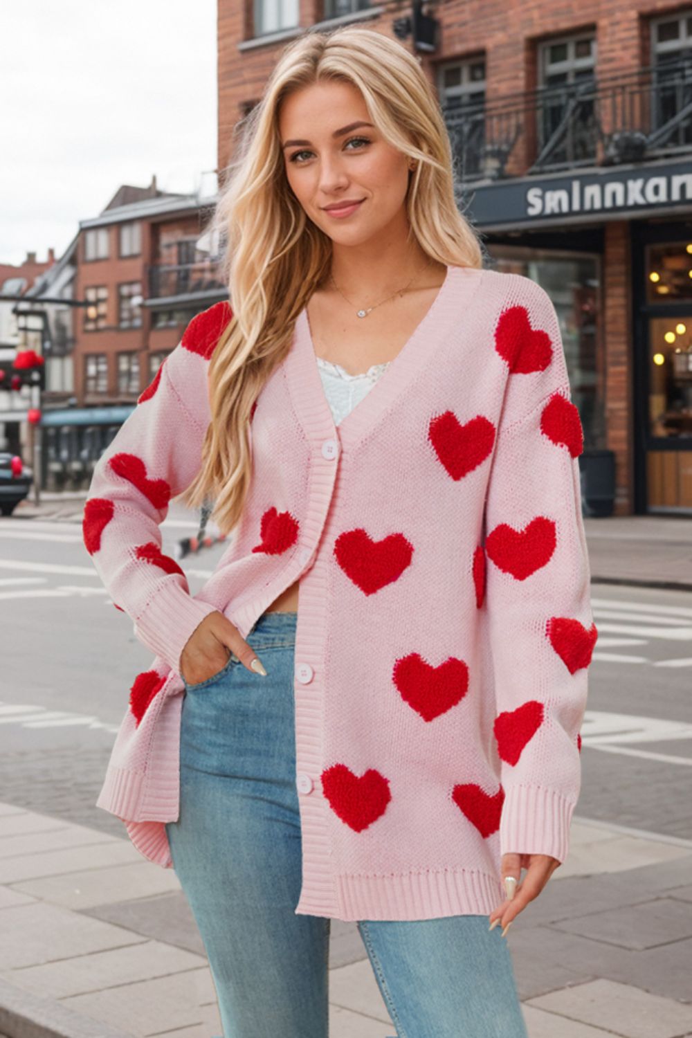 Heart button down long sleeve cardigan.